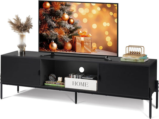 Modern TV Stand for 65 Inch TV, Mid Century Entainment Center with Storage, TV Console with Open Shelf and 2 Cabinets for Bedroom and Living Room, TV Cabinet with Metal Legs, Black
