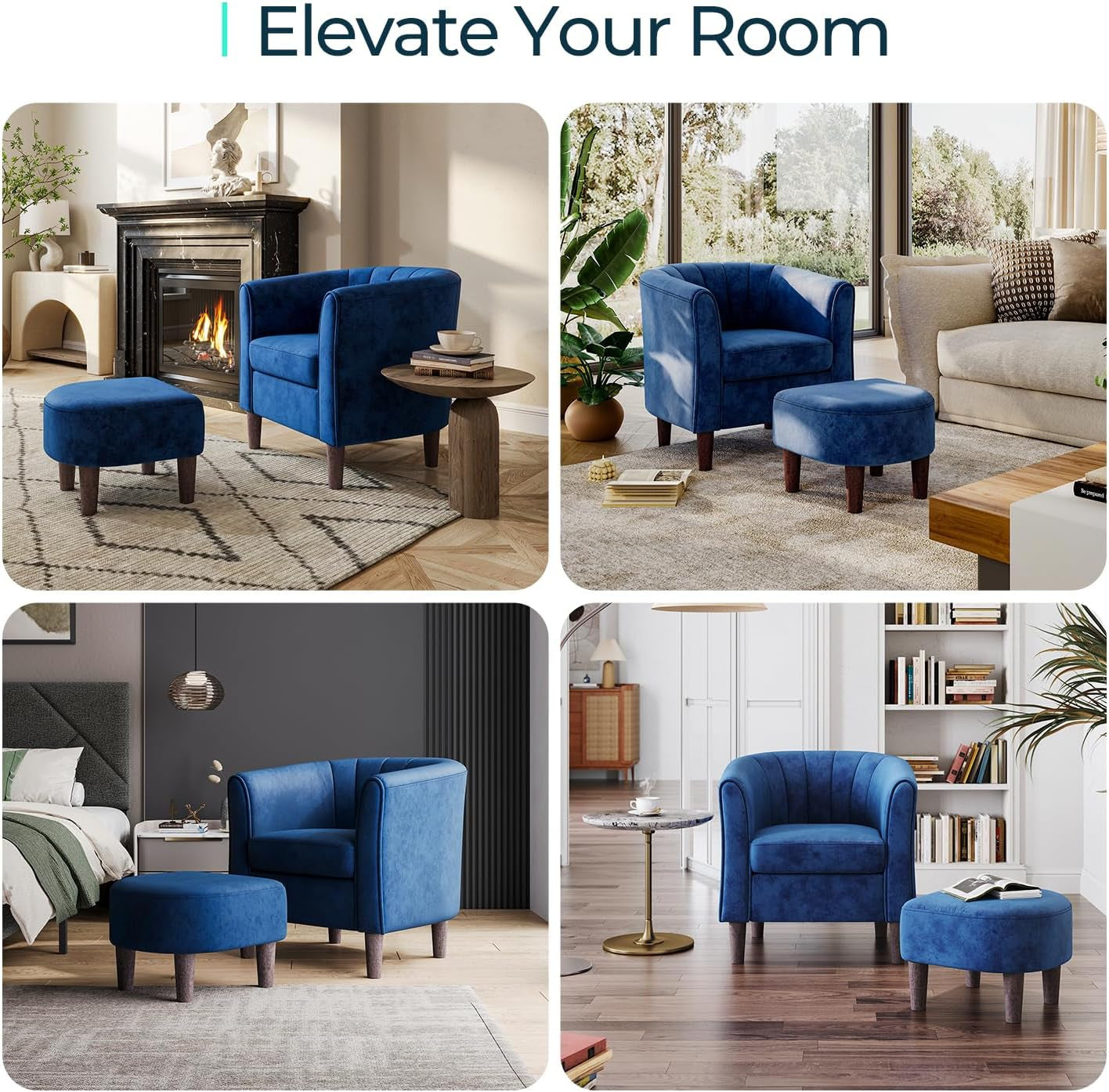 Accent Chair with Ottoman, Modern Armchair Comfy Barrel Reading Chair with Footrest for Living Room Bedroom Reading Room, Velvet, Blue