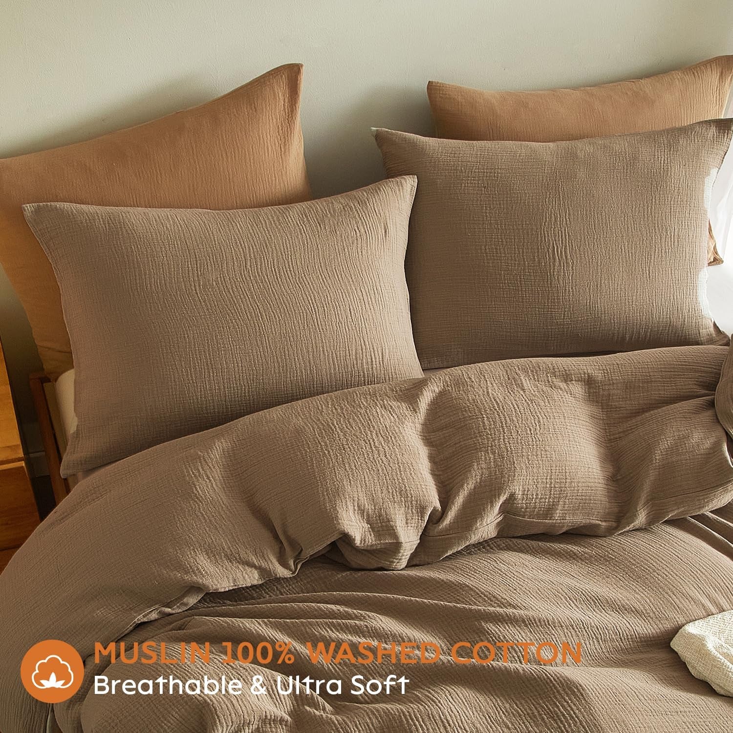Muslin Pillowcases King Size 100% Cotton, 2 Pack Linen like Pillow Shams with Envelope Closure, Ultral Soft and Breathable Pillow Case Covers, Light Brown, 20" X 36", No Filling