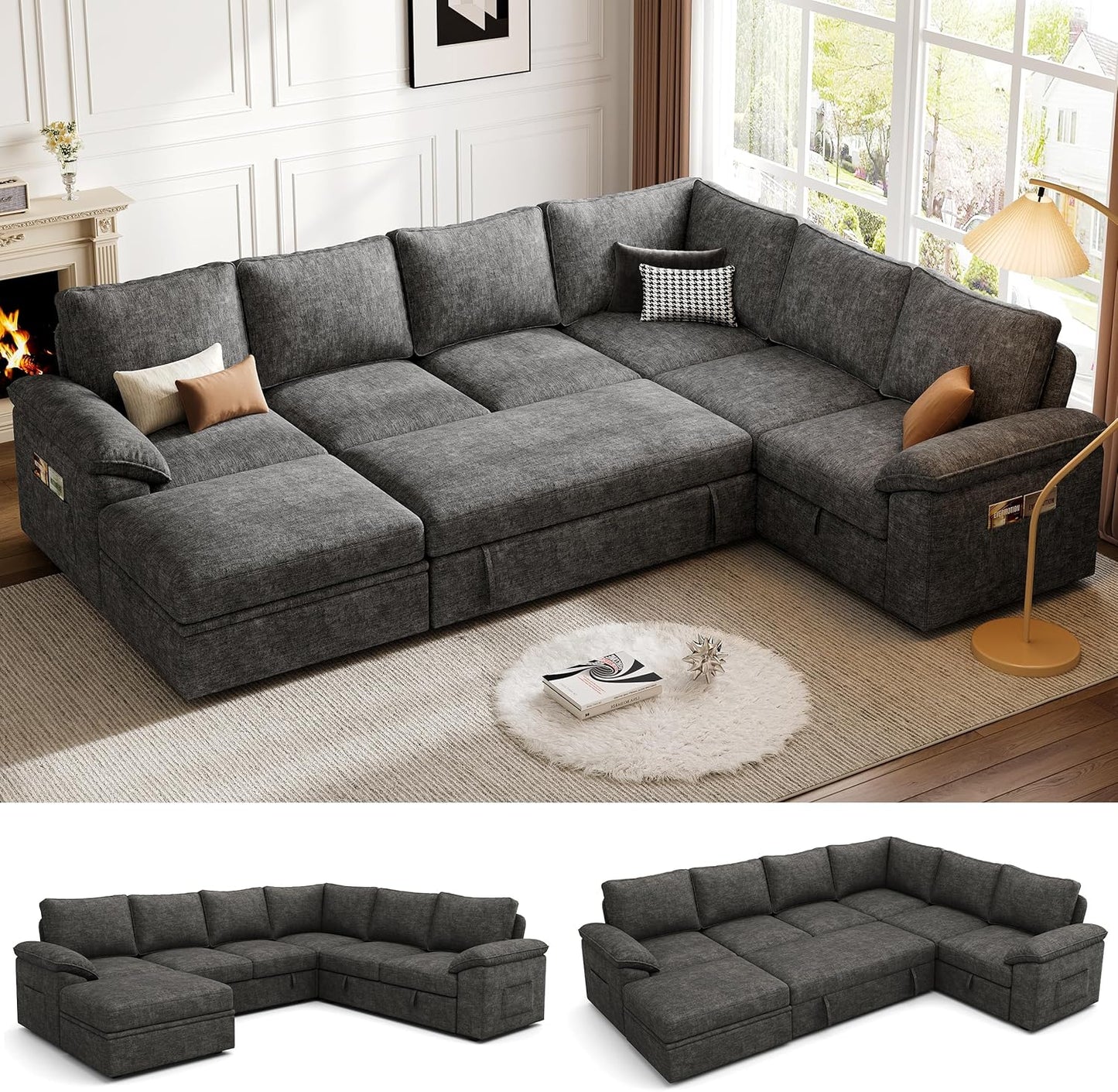 108 Inch Sectional Sleeper Sofa with Pull Out Bed,U Shaped 7 Seat Modular Sectional Sofa with Storage,Sectional Couches for Living Room,Cloud Modular Couch,Removable Sofa Cover,Dark Grey