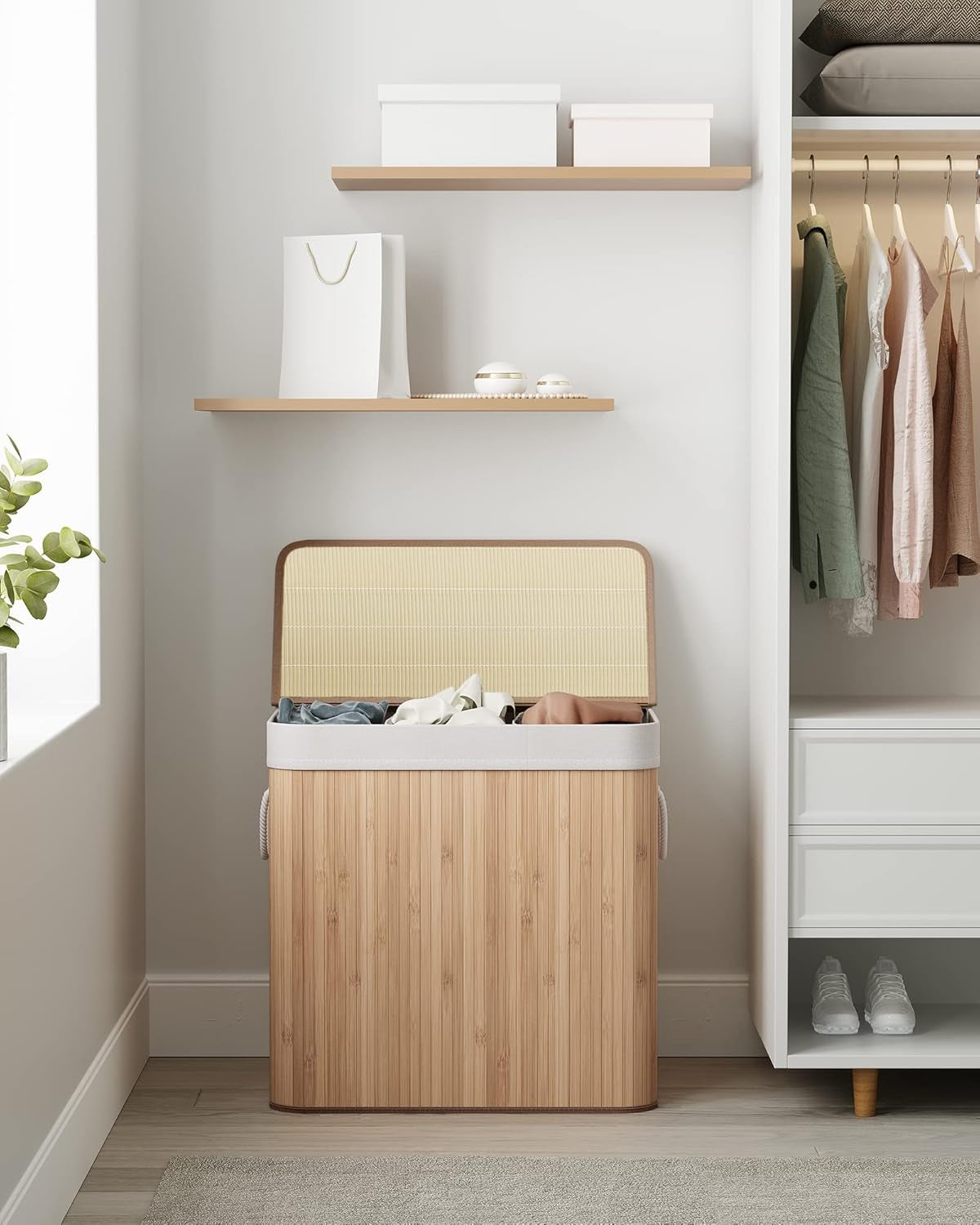 Laundry Hamper, 39.6 Gallons (150L), 3-Section Laundry Basket, Laundry Hamper with Lid, Bamboo, Foldable, Removable and Machine Washable Liner, for Laundry Room, Bedroom, Natural ULCB091N01