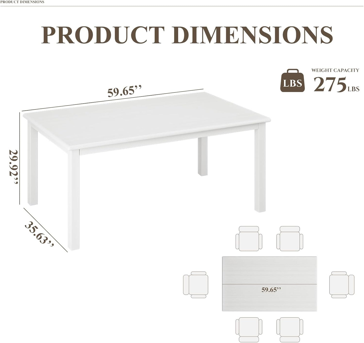 Wooden Dining Table for 6, Rectangle 60 Inch Kitchen Table with Wood Legs, Farmhouse Dinner Table for Dining Room, White