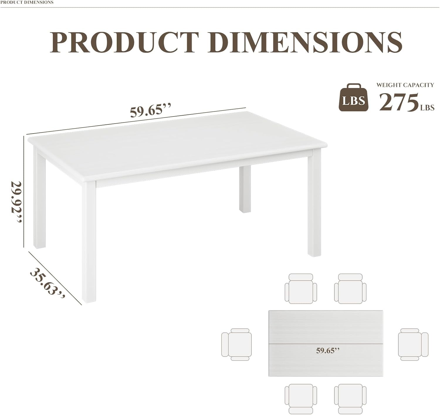 Wooden Dining Table for 6, Rectangle 60 Inch Kitchen Table with Wood Legs, Farmhouse Dinner Table for Dining Room, White