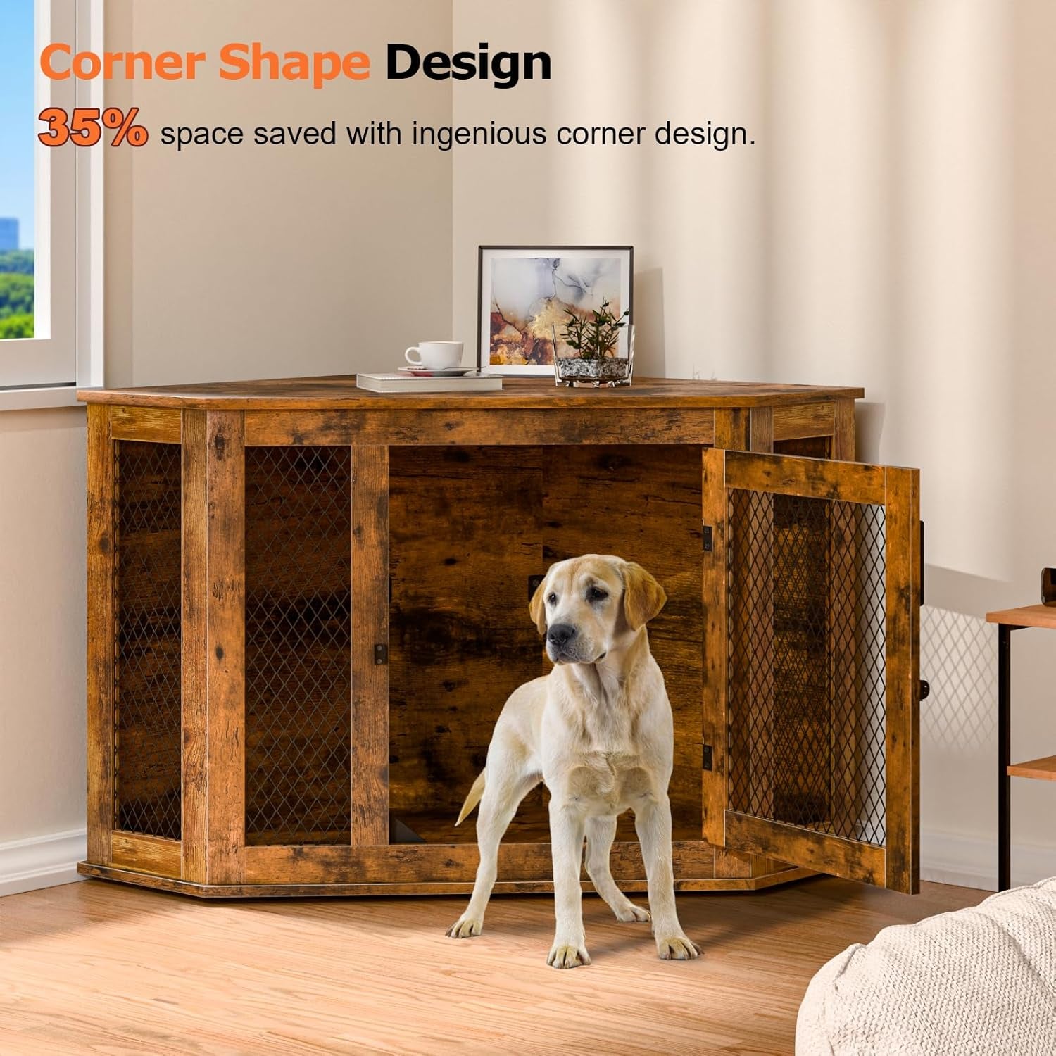 Corner Dog Crate Furniture, 52" Wooden Dog Kennel Furniture End Table with Mesh, Dog Kennel Indoor Furniture for Small Medium Large Dogs, Modern Decorative Wood Pet House Dog Cage Crate, Brown