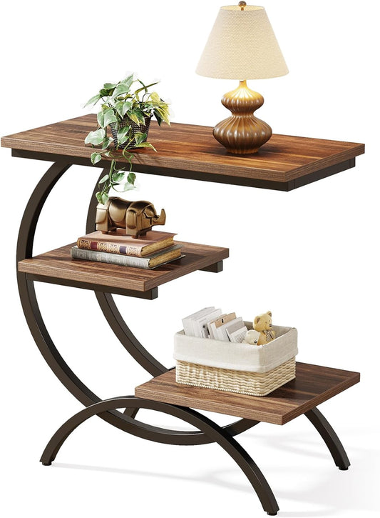 End Table, Narrow End Table with 3 Storage Shelves, Industrial C-Shaped Small Sofa Side Table for Living Room, Wood Slim Snack Table with Black Metal Frame, Rustic Brown