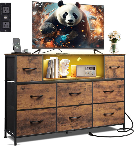 Dresser TV Stand for 45, 50, 55 Inch TV, Entertainment Center with LED Lights & Charging Station, Chest of Drawers with 8 Fabric Drawers and Open Shelves for Living Room, Hallway, Rustic Brown