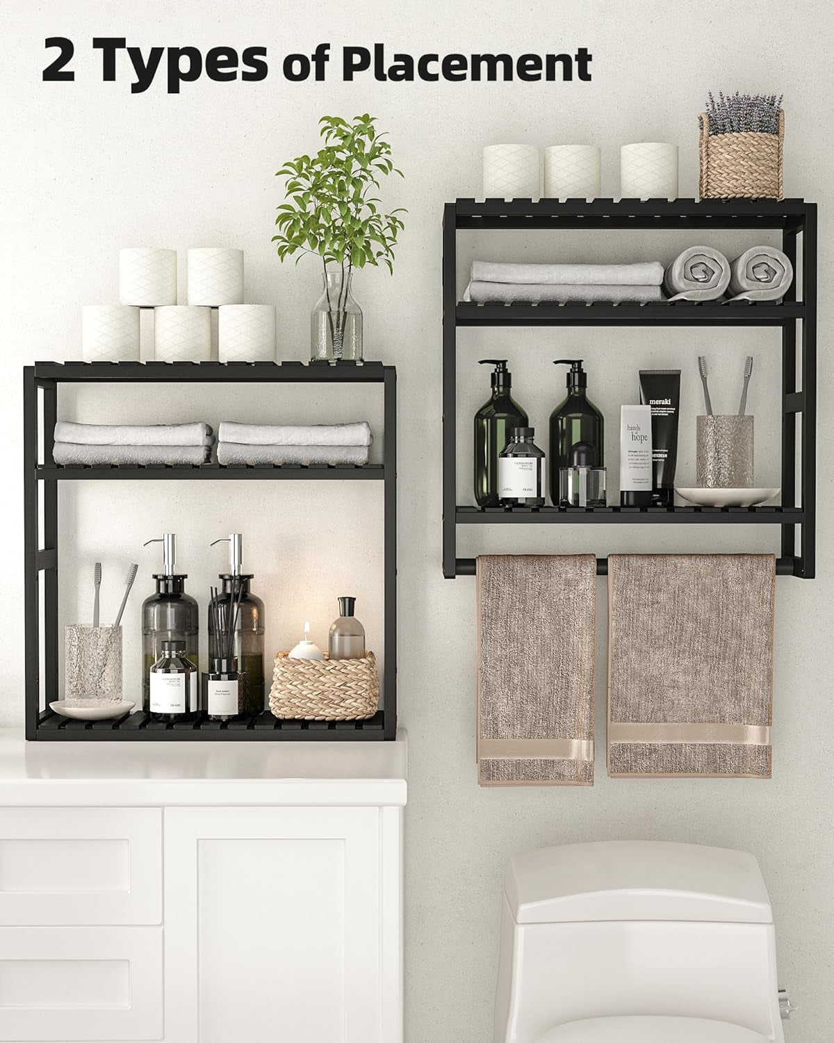 Over the Toilet Storage Bathroom Shelves Wall Mounted 3 Tier Space Saver Corner Shelf Organizer Bamboo Towel Rack Toilet Paper Cabinet with Hanging Rod Black