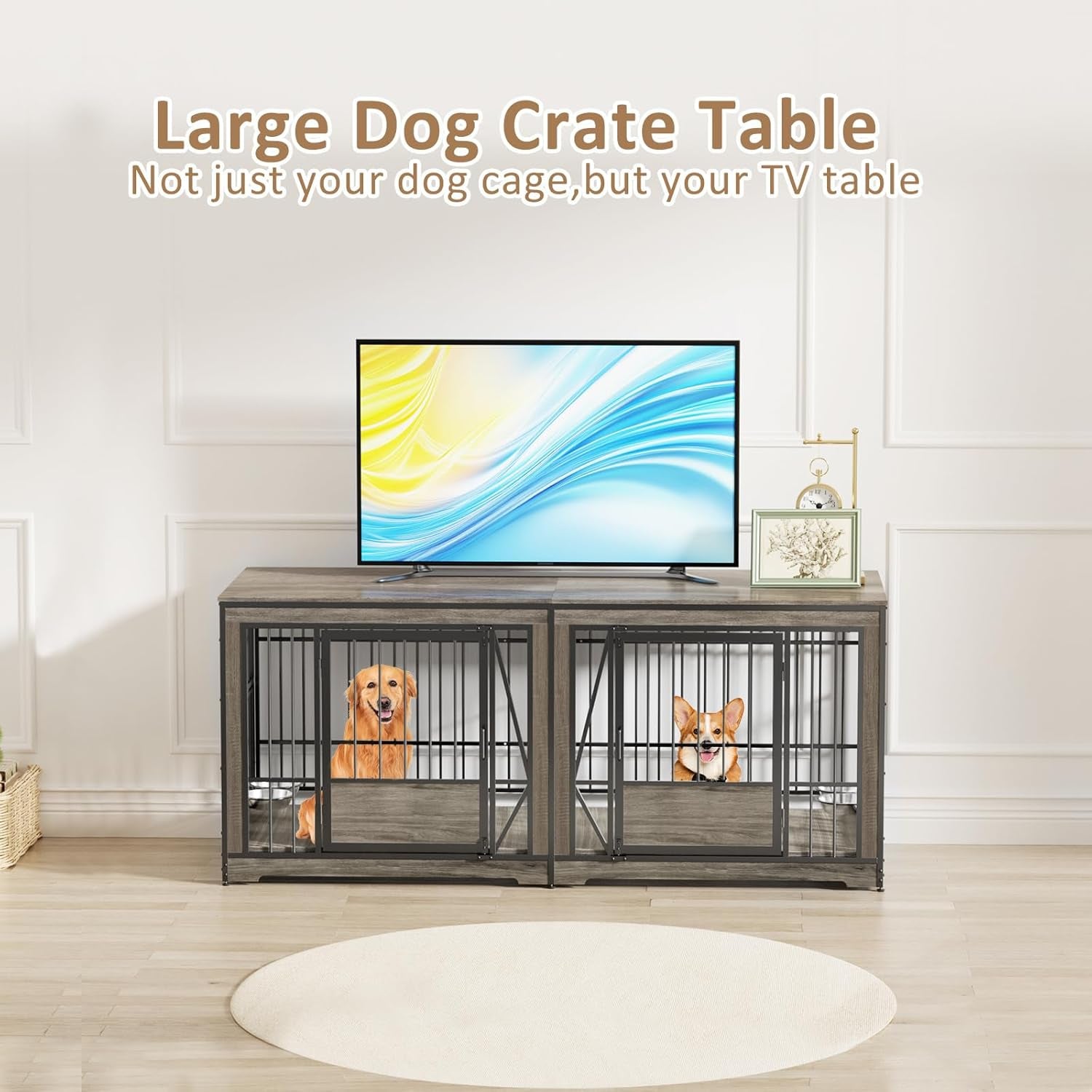 71'' Double Dog Crate Furniture for 2 Dogs, Extra Large Dog Cage with Adjustable Divider, Heavy Duty Dog Kennel Indoor with 4 Bowls, XXL Dog Crate Wooden TV Stand End Table for Large Breed, Grey