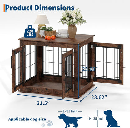 Farmhouse Dog Crate Furniture End Table - Heavy Duty Wooden Kennel Cabinet with Double Doors for Small/Medium Dogs, Rustic Brown Indoor Dog House Furniture Console for Living Room