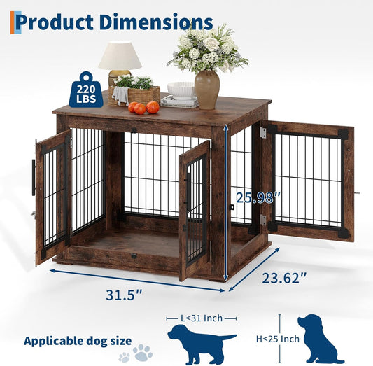 Farmhouse Dog Crate Furniture End Table - Heavy Duty Wooden Kennel Cabinet with Double Doors for Small/Medium Dogs, Rustic Brown Indoor Dog House Furniture Console for Living Room
