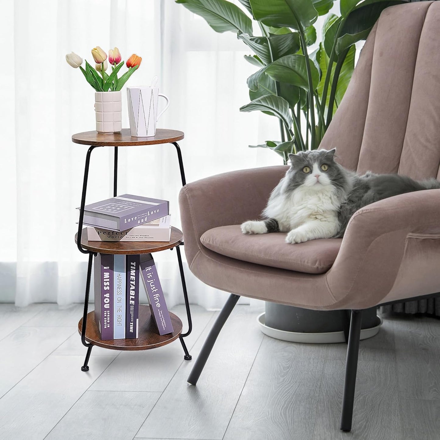 Small Side Table, 3 Tier round End Table Slim Accent Table Industrial Vintage Nightstand, Metal Frame and Rustic Wood Coffee Table for Small Spaces, Bedroom, Living Room (Brown)