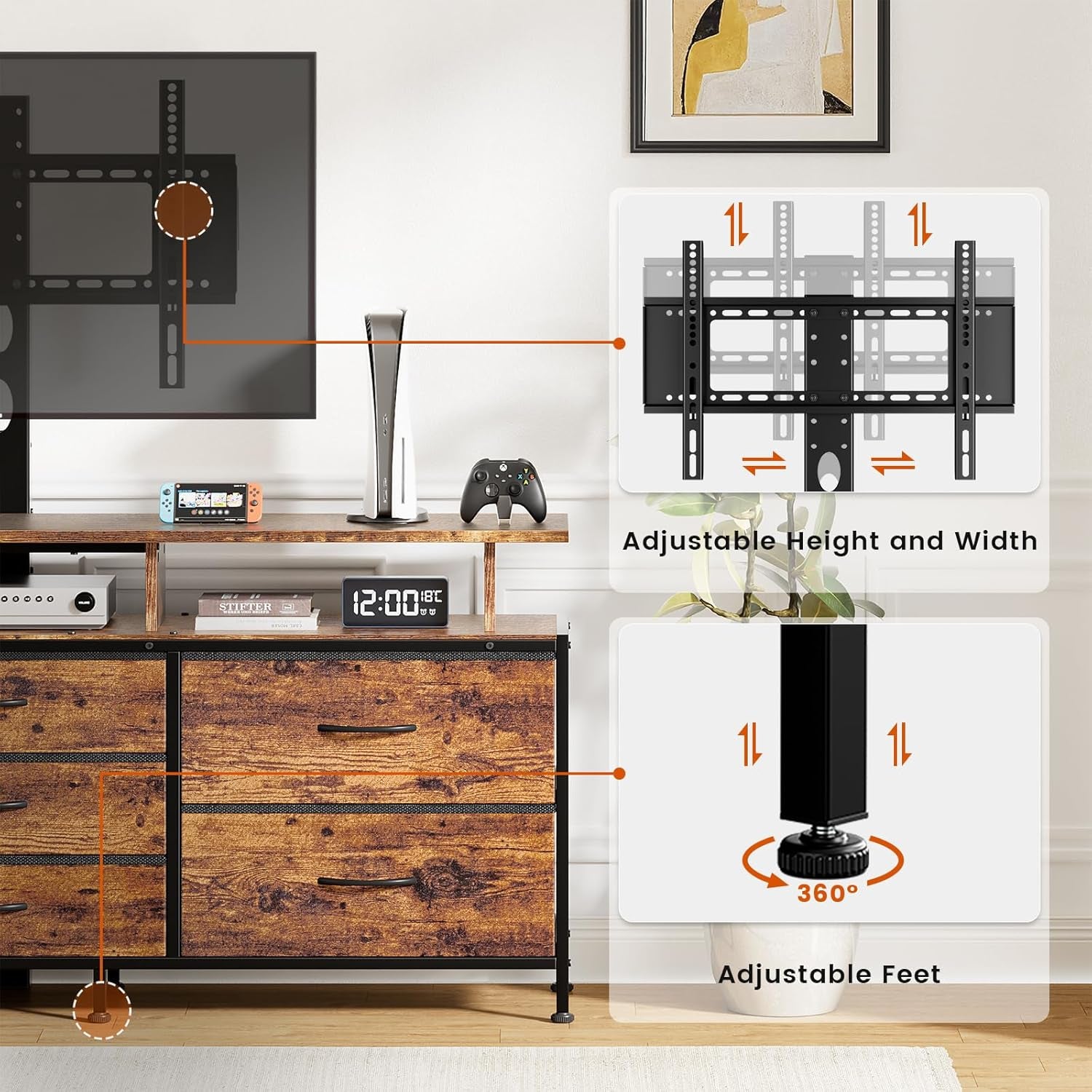 TV Stand with Mount, 63" Entertainment Center for 32/45/55/60/65/70 Inch Tvs, Media Console Table with 7 Drawers, Height Adjustable Mount, Dresser TV Stand for Living Room, Rustic Brown