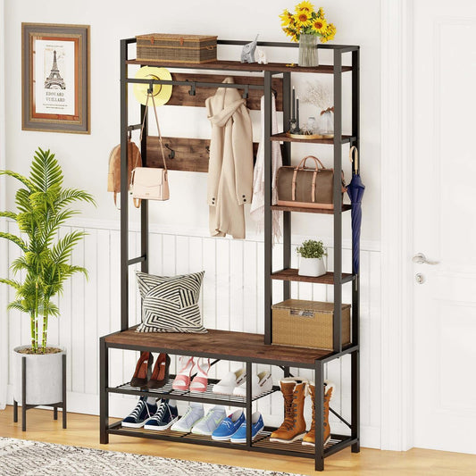 Hall Tree with Shoe Storage, 5-In-1 Reversible Entryway Bench with Coat Hooks for Hallway, Rustic Wood and Metal Coat Rack with Shelves for Mudroom (Rustic Oak)
