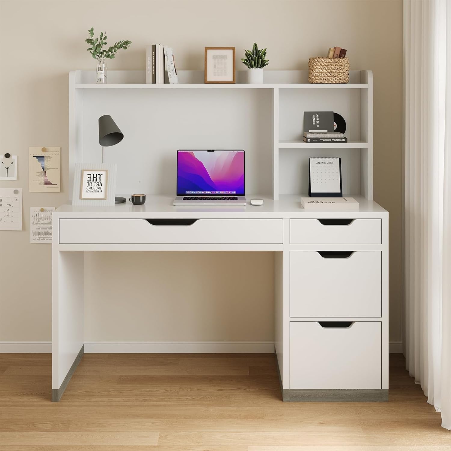 White Desk with Hutch and Drawers, 53 Inch Computer Desk with Storage File Drawer, White Study Desk with 4 Drawers for Bedroom, Small Space