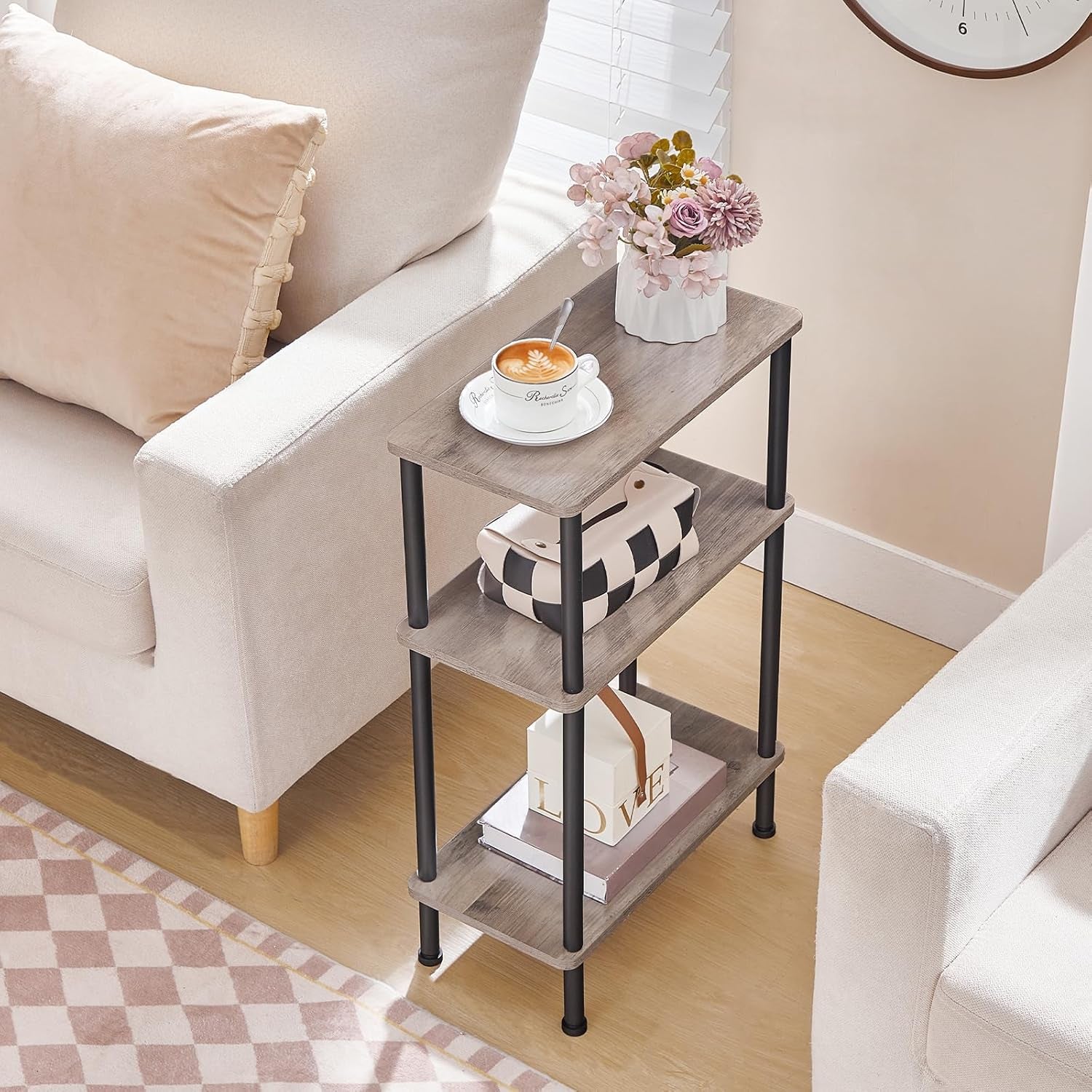 Narrow Side Table, 3-Tier Slim End Table No Tools Needed, Twist-On Assembly, Skinny Nightstand Sofa Storage Shelf for Living Room, Bedroom, Study, Greige and Black BG246BZ01