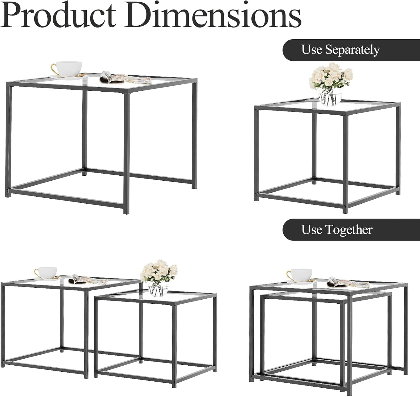 Coffee Table Set of 2, Modern Glass Nesting Table, Metal Frame Square Center Table Set, Side Tables, Nesting Coffee Table for Living Room, Bedroom and Small Spaces, 23.6In Black