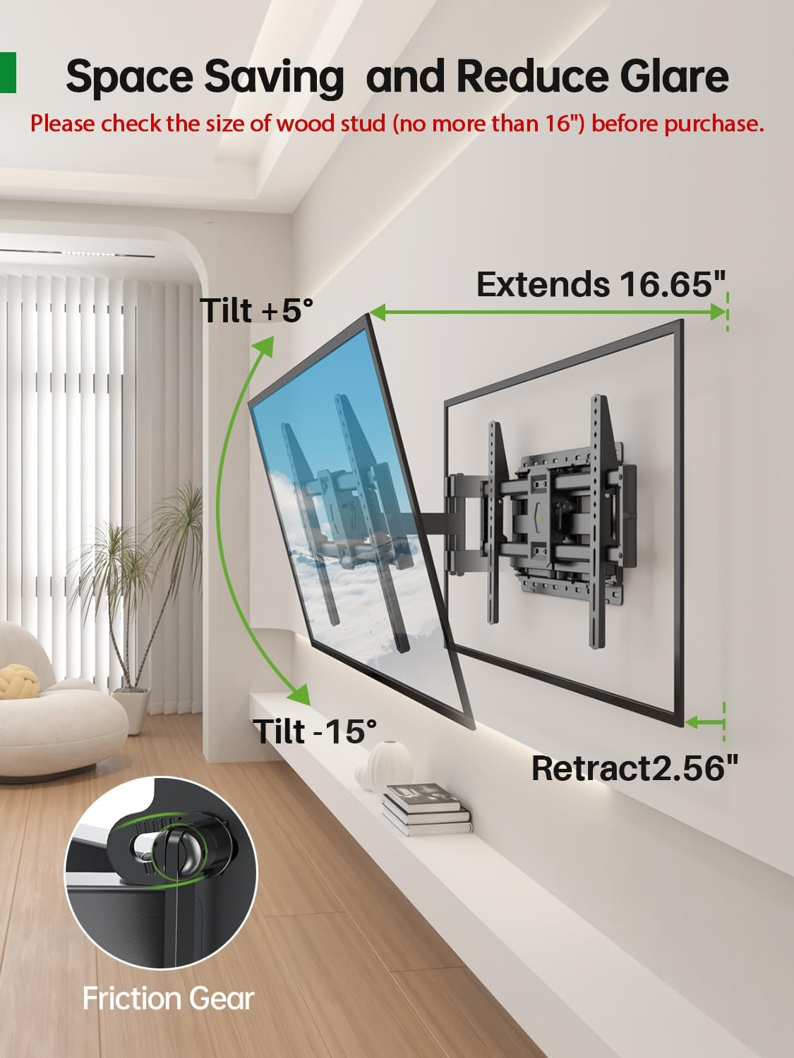 Full Motion TV Wall Mount for Most 42-86 Inch Flat Screen/Led/4K, TV Mount Bracket Dual Swivel Articulating Tilt 6 Arms, Max 16" Wood Studs, VESA 600X400Mm, Holds up to 132Lbs