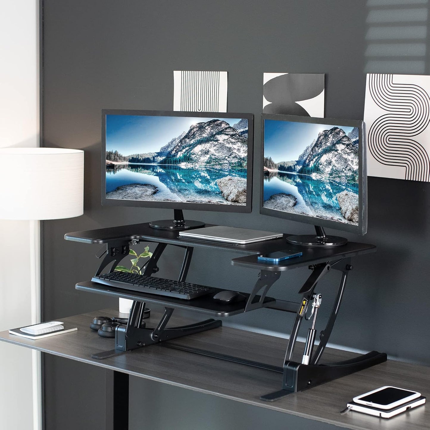 36 Inch Height Adjustable Stand up Desk Converter, V Series, Quick Sit to Stand Tabletop Dual Monitor Riser Workstation, Black, DESK-V000V