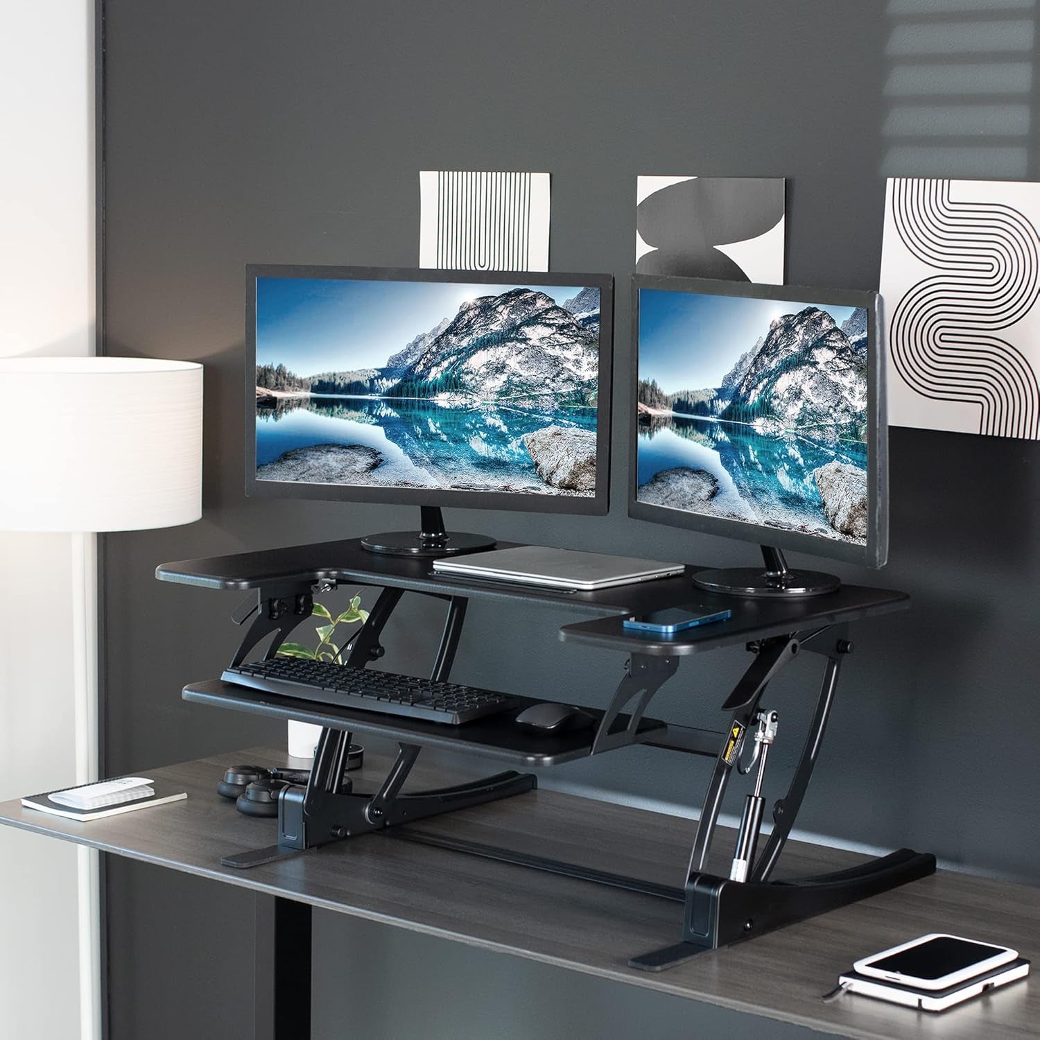 36 Inch Height Adjustable Stand up Desk Converter, V Series, Quick Sit to Stand Tabletop Dual Monitor Riser Workstation, Black, DESK-V000V