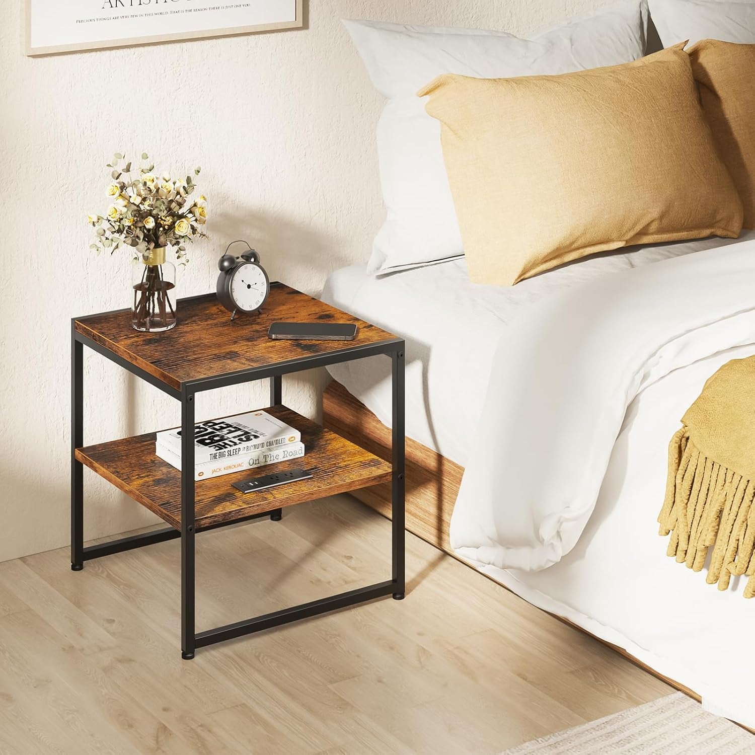 20" End Table with Charging Station, Industrial Square Side Table with USB Ports & Outlets, Versatile 2-Tier Small Nightstand for Bedroom Living Room, Rustic Brown