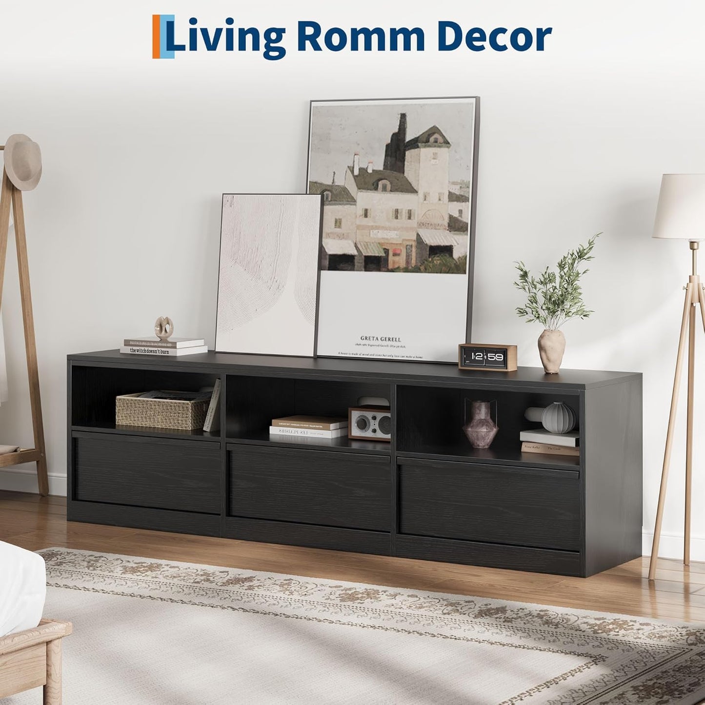 70 Inch TV Stand for 80" Tvs, Mid Century Modern Entertainment Center with Storage Drawer & Open Shelves, Wood Media Console Cabinet for Living Room/Bedroom, Black