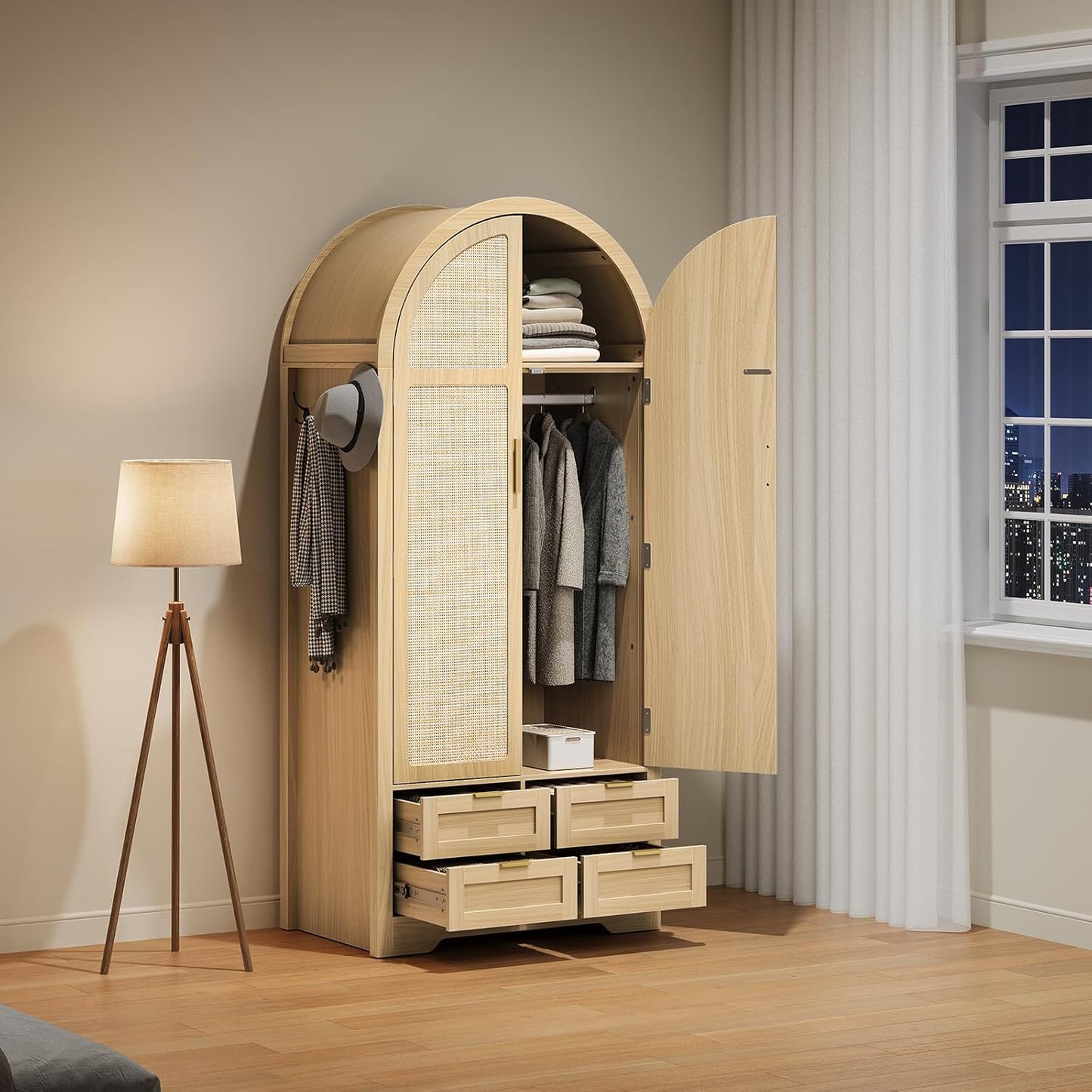 Armoire Wardrobe Closet with 4 Drawers - Wood Bedroom Armoires and Wardrobes with Rattan Doors for Hanging Clothes, Tall Clothing Cabinet Arched Closets for Cloak Room, Large Capacity Storage