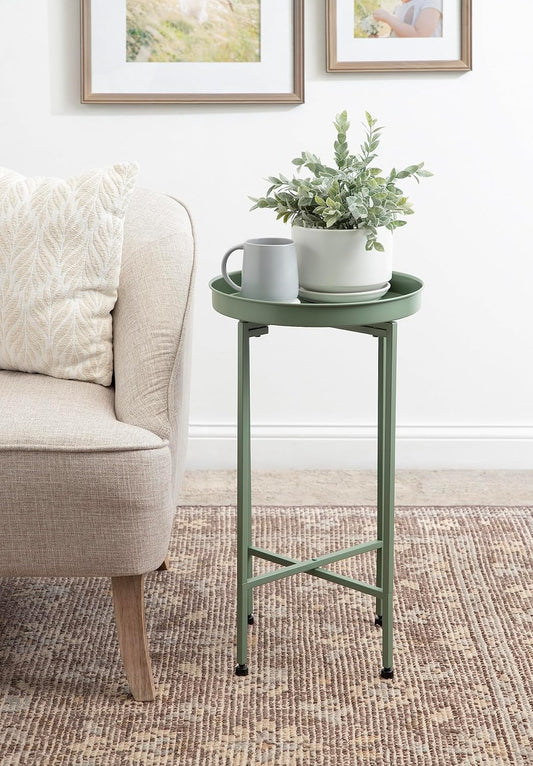 Celia round Metal Foldable Accent Table, 15 X 26, Green, Transitional Small Side Table with a Removable Magnetic Tray Tabletop and Space-Saving Folding Base