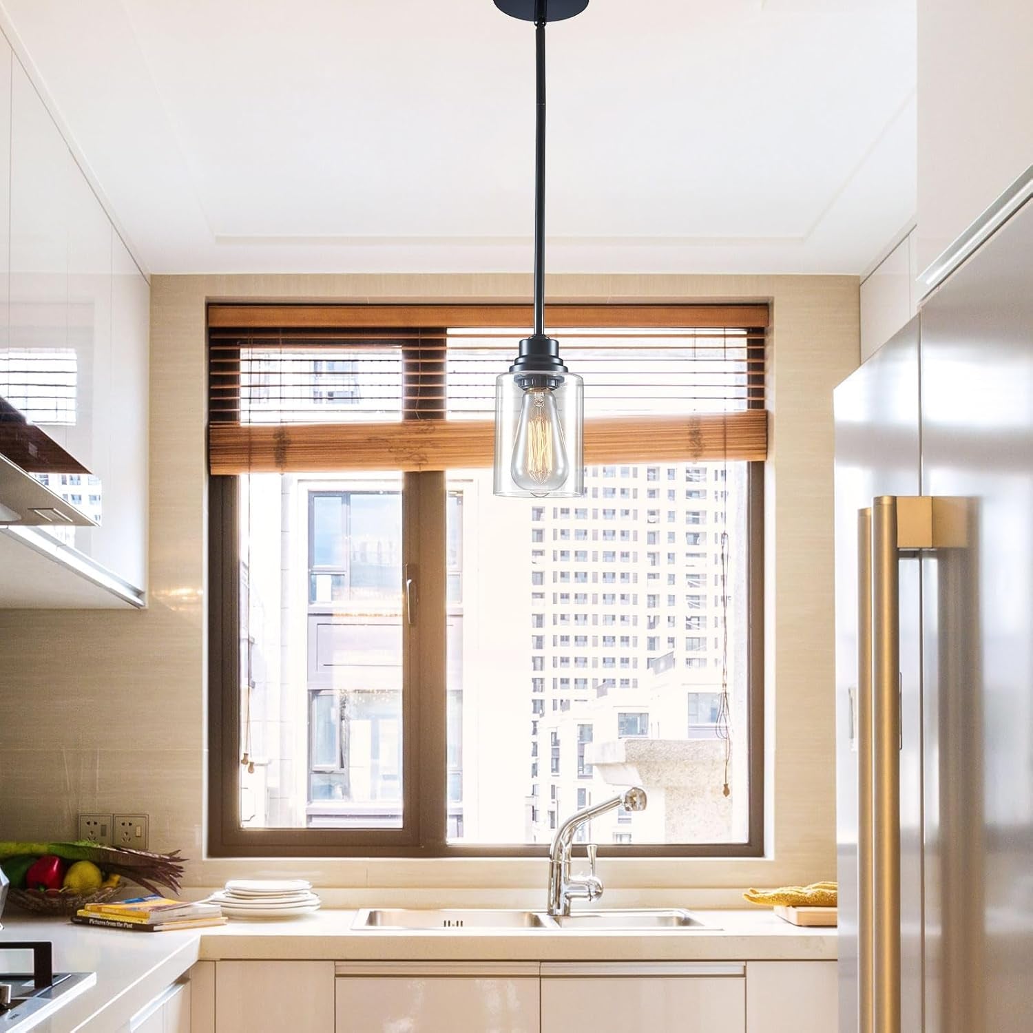 Modern Glass Pendant Lights Kitchen Island 2 Pack, Adjustable Height Black Pendant Lights - Hanging Lights for Bedroom, Dining Room, Living Room, Kitchen & Hallway