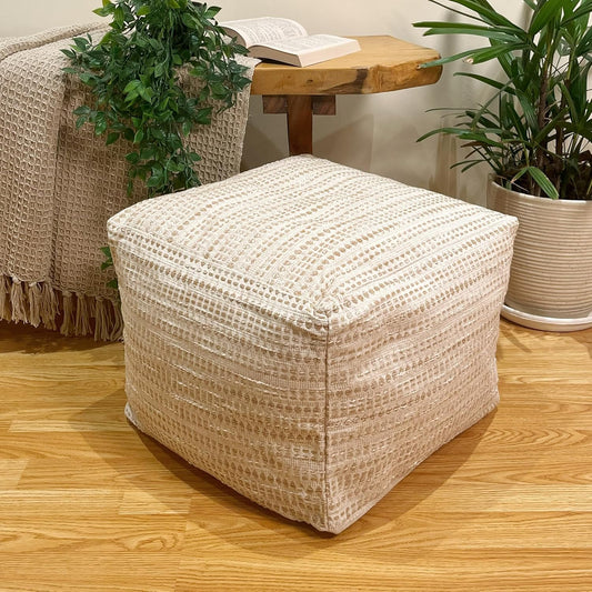 Unstuffed Ottoman, Cozy & Bohemian Pouf Covers, Hand Crafted Casual Seating, Footrest, Square Floor Pillow for Home, Office, Bedroom, Living Room, 16.5" X 16.5"X 12.9", Beige-Off White