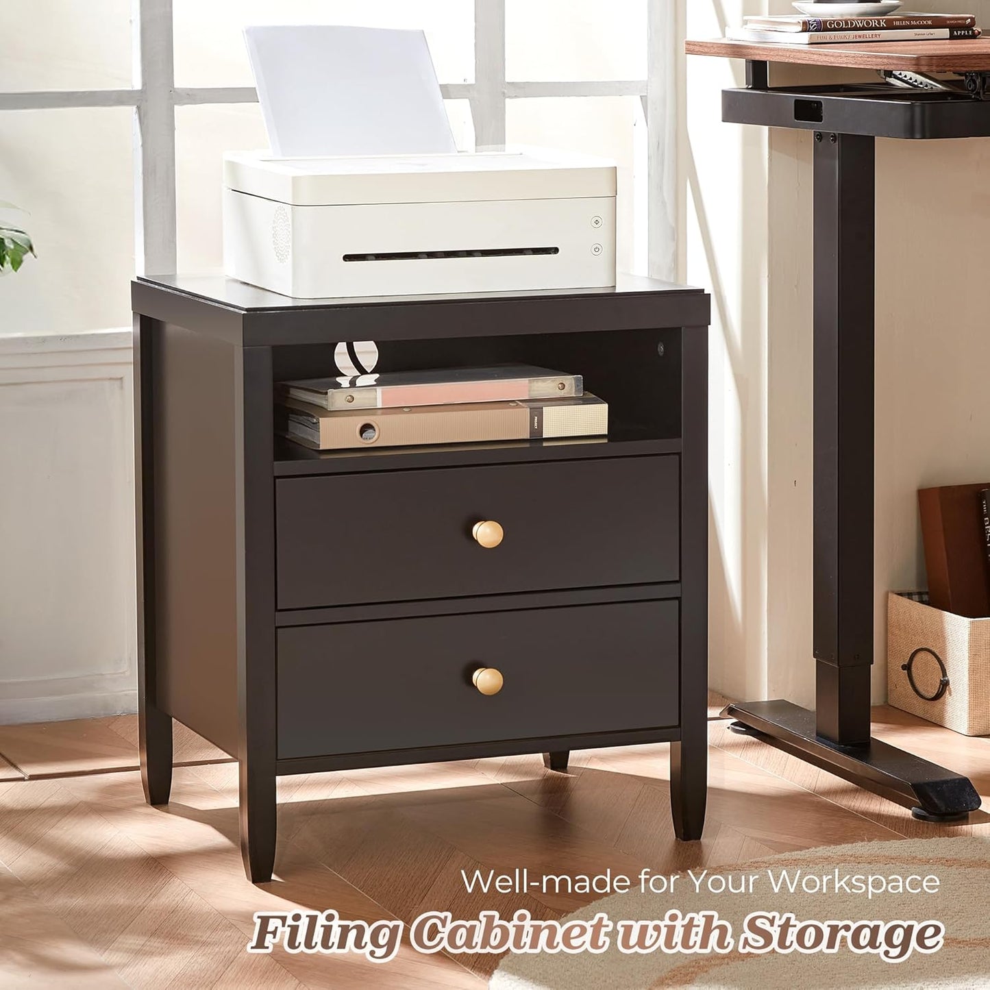 Black Nightstand Set of 2, Night Stand with Charger Station, Bedside Table with 2 Drawers, Bed Side Tables for Bedroom, Modern Nightstands, Metal Knobs, Painted Surface