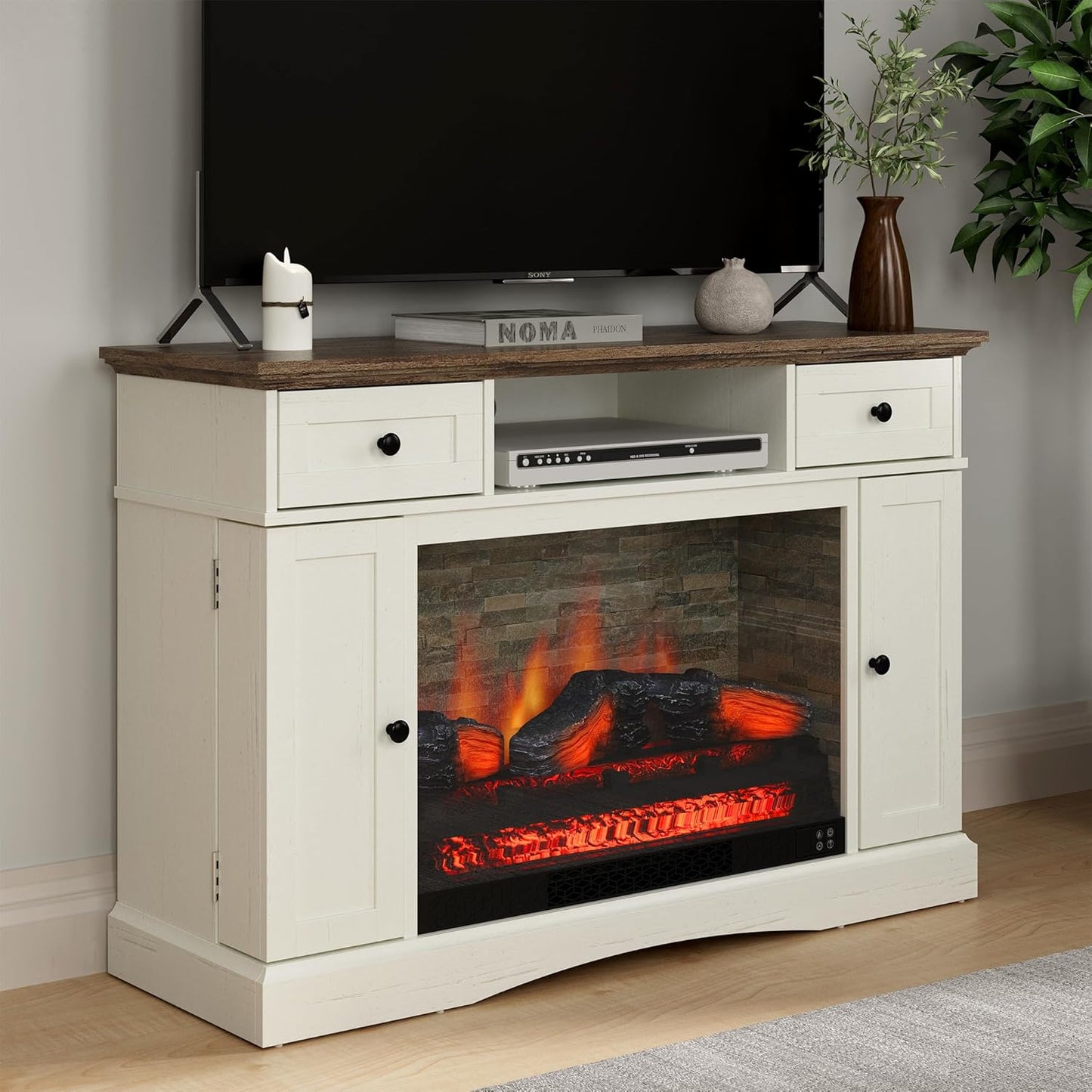 Fireplace TV Stands with for Tvs up to 55'', Media Console Table with Adjustable Shelves, Double-Door Design, Entertainment Center for Living Room, White and Rustic Oak