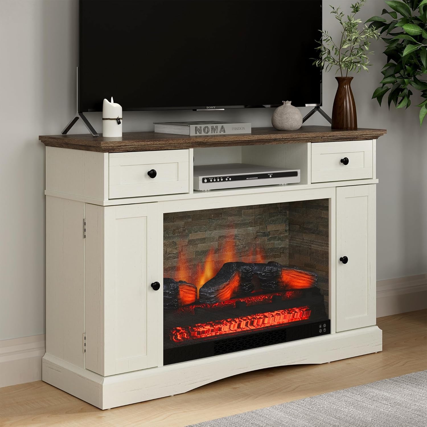 Fireplace TV Stands with for Tvs up to 55'', Media Console Table with Adjustable Shelves, Double-Door Design, Entertainment Center for Living Room, White and Rustic Oak