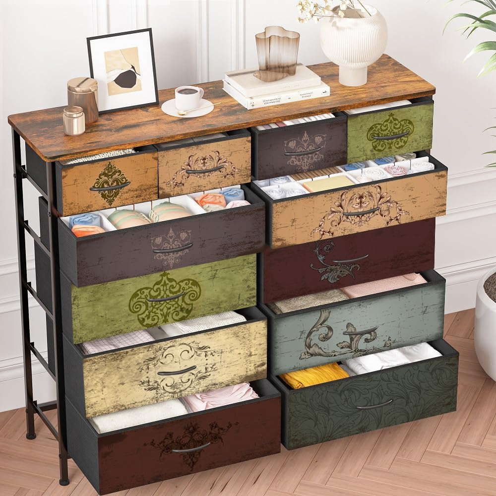 Dresser for Bedroom with 12 Drawers, Tall Fabric Drawer Dresser, Chest of Drawers for Closet, Nursery, Bedside, Living Room, Entryway, Hallway (Pattern)
