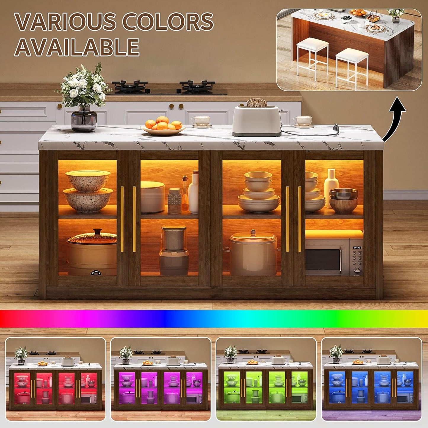 Kitchen Island with Storage, 57" W Large Island Table with Seating/Led Light for Dining Room, Kitchen Carts on Wheels Breakfast Bar Table W/Power Outlet, Walnut