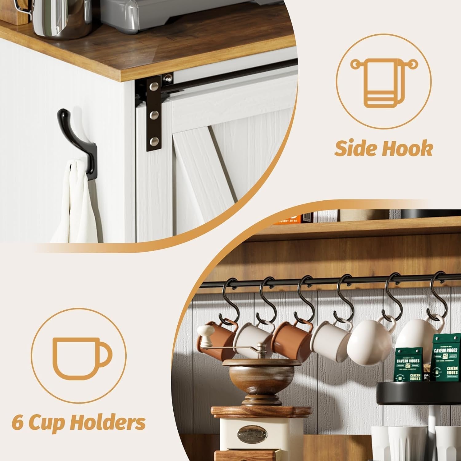 Farmhouse Coffee Bar Cabinet with Hutch, 47 Inch Buffet Cabinet with Storage, White Wine Bar with 9 Wine Racks and 6 Hooks, Coffee Bar Table with Adjustable Shelves for Living Dining Room