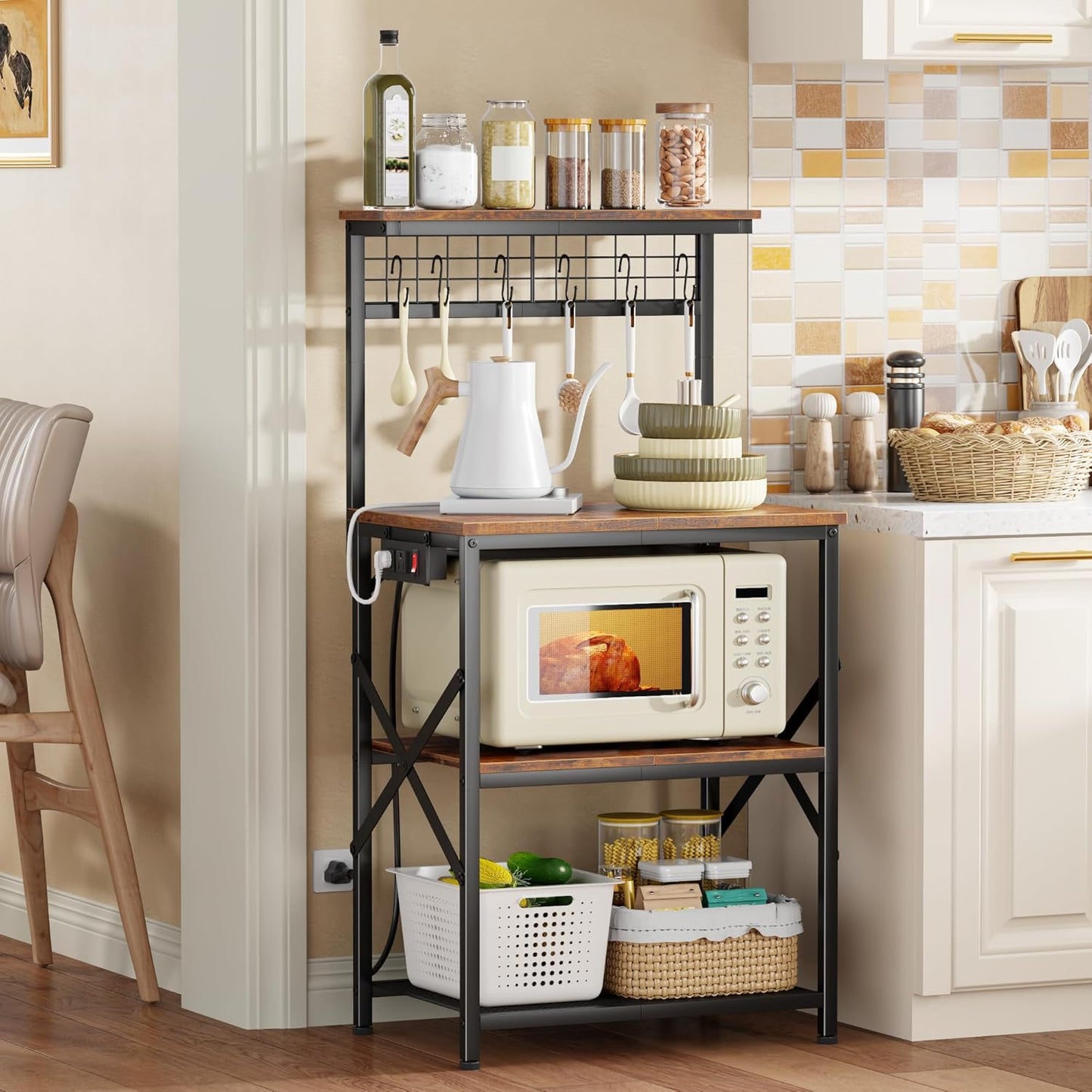 Kitchen Bakers Rack with Power Outlet, Microwave Oven Stand with Storage 4 Tiers, Coffee Bar Table with 6 S Hooks, Kitchen Storage Shelf Rack for Spices, Pots, Rustic Brown