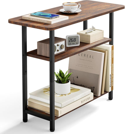 Side Table for Living Room, 3-Tier End Table for Small Space with Wide Storage Tabletop, Rustic Brown Narrow Nightstand for Bedroom, Sofa Couch