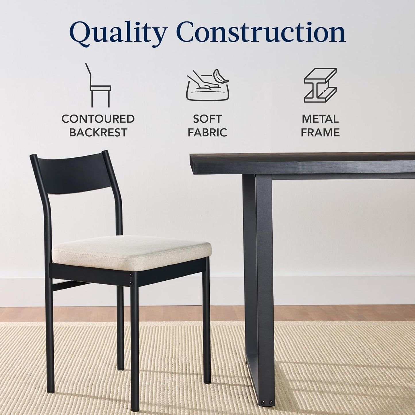 7-Piece Modern Dining Room Set, Kitchen Table Set, Dining Table W/ 6 Chairs, Upholstered Cushions, Solid Metal Frame, Curved Backrest - Black/Ivory