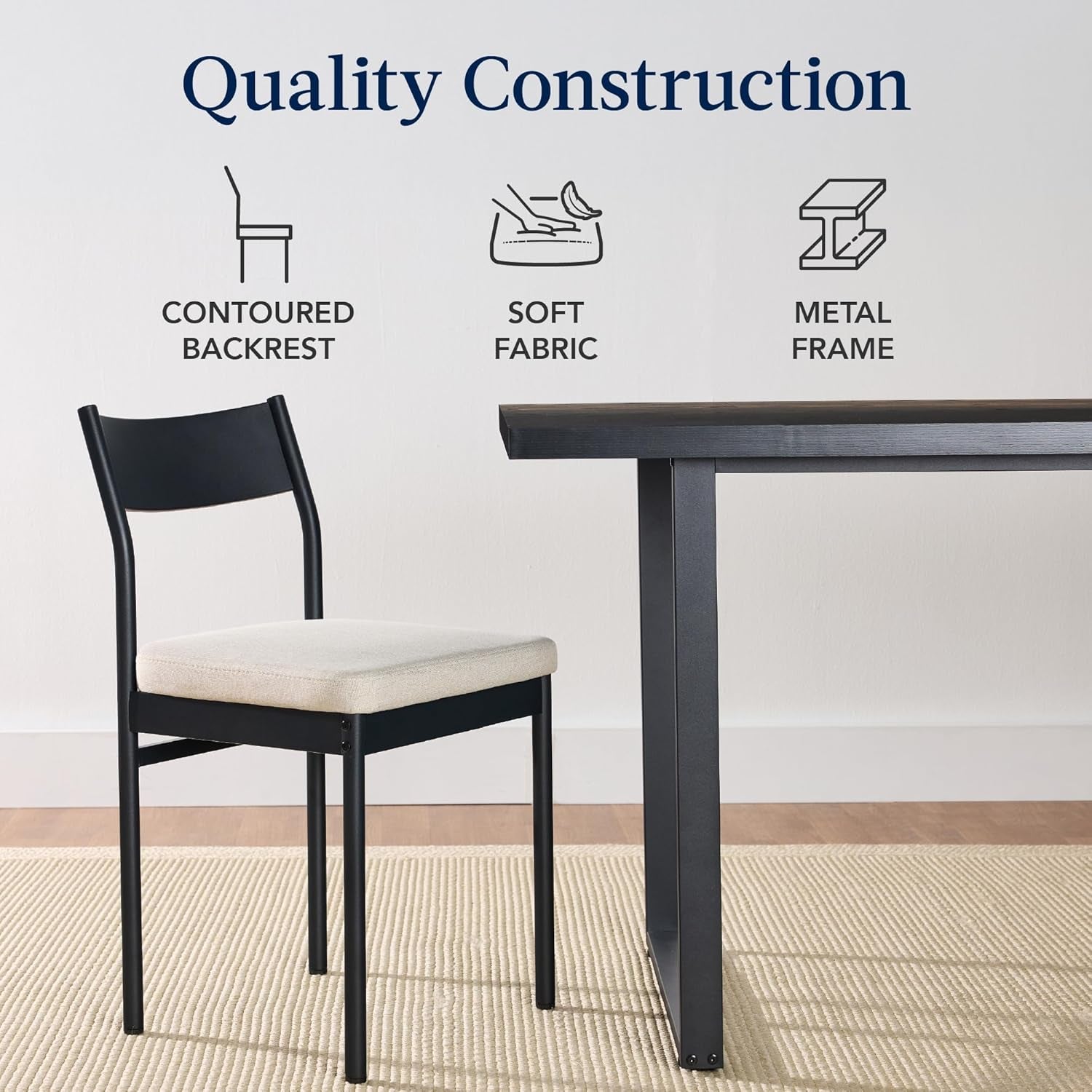 7-Piece Modern Dining Room Set, Kitchen Table Set, Dining Table W/ 6 Chairs, Upholstered Cushions, Solid Metal Frame, Curved Backrest - Black/Ivory