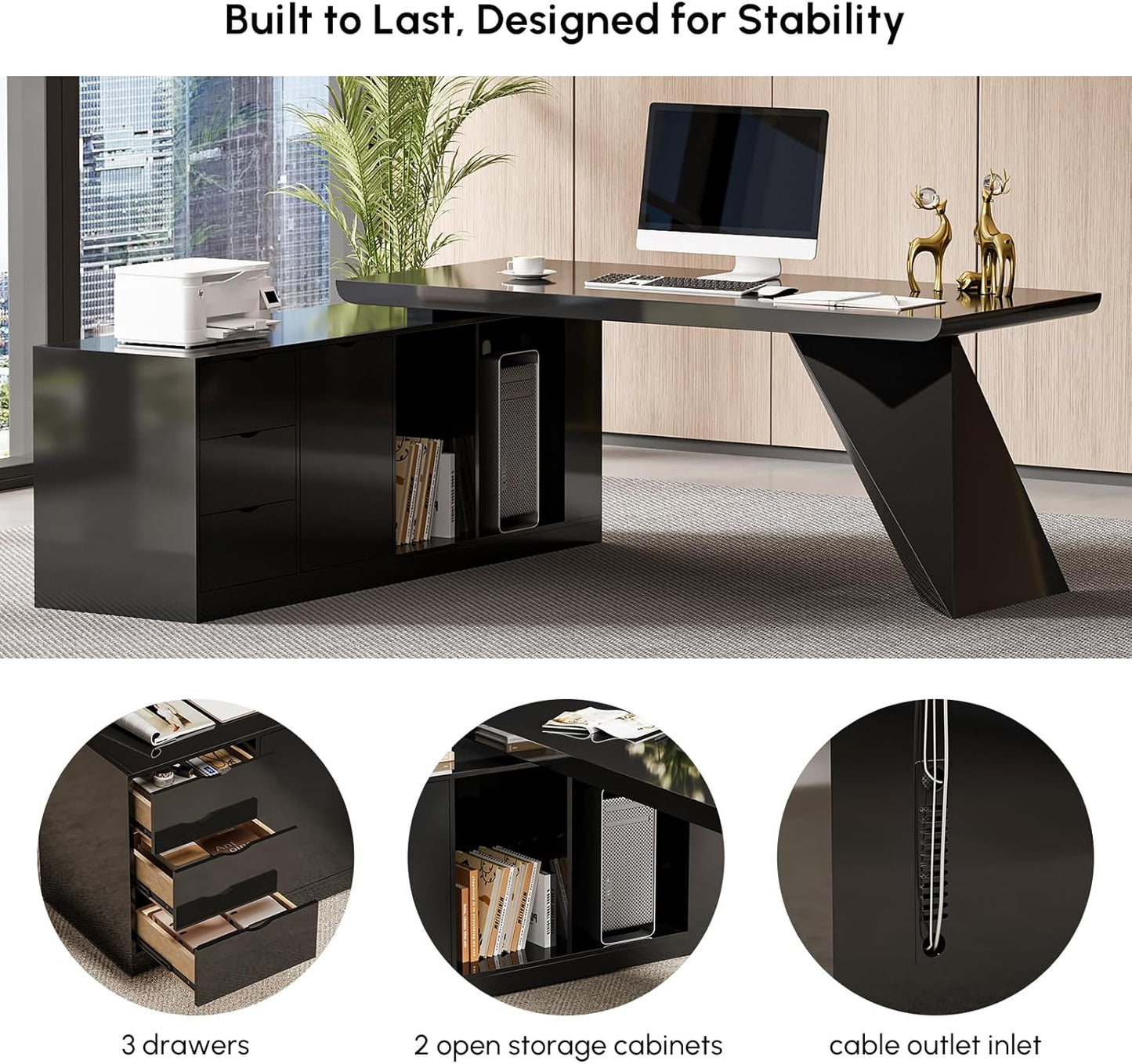 70.9" Modern L-Shape Executive Desk, Home Office Desk with Drawers & Cabinet Modern Computer Desk for Home Business Furniture, Black, Left Hand