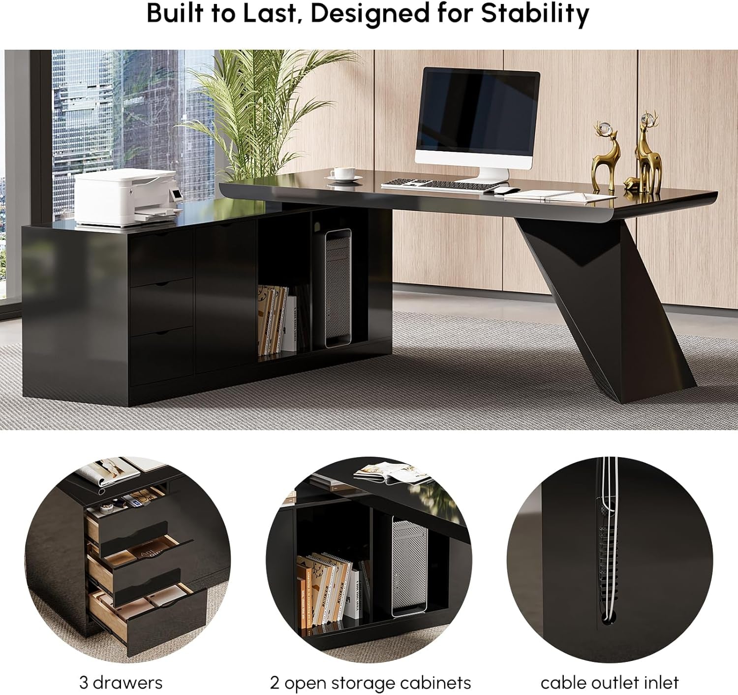 70.9" Modern L-Shape Executive Desk, Home Office Desk with Drawers & Cabinet Modern Computer Desk for Home Business Furniture, Black, Left Hand