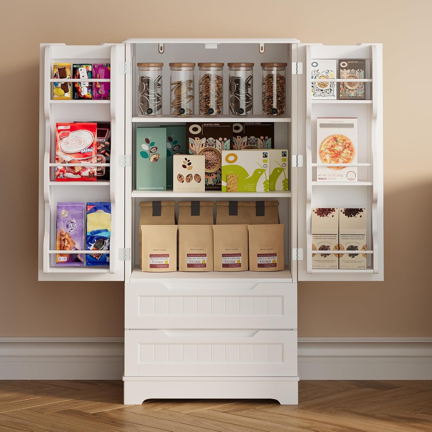 Kitchen Pantry Storage Cabinet with Drawers Freestanding Bathroom Storage Cabinets with Doors and Shelves, 47" Small Food Pantry Cabinet for Dining Room Craft Room, White