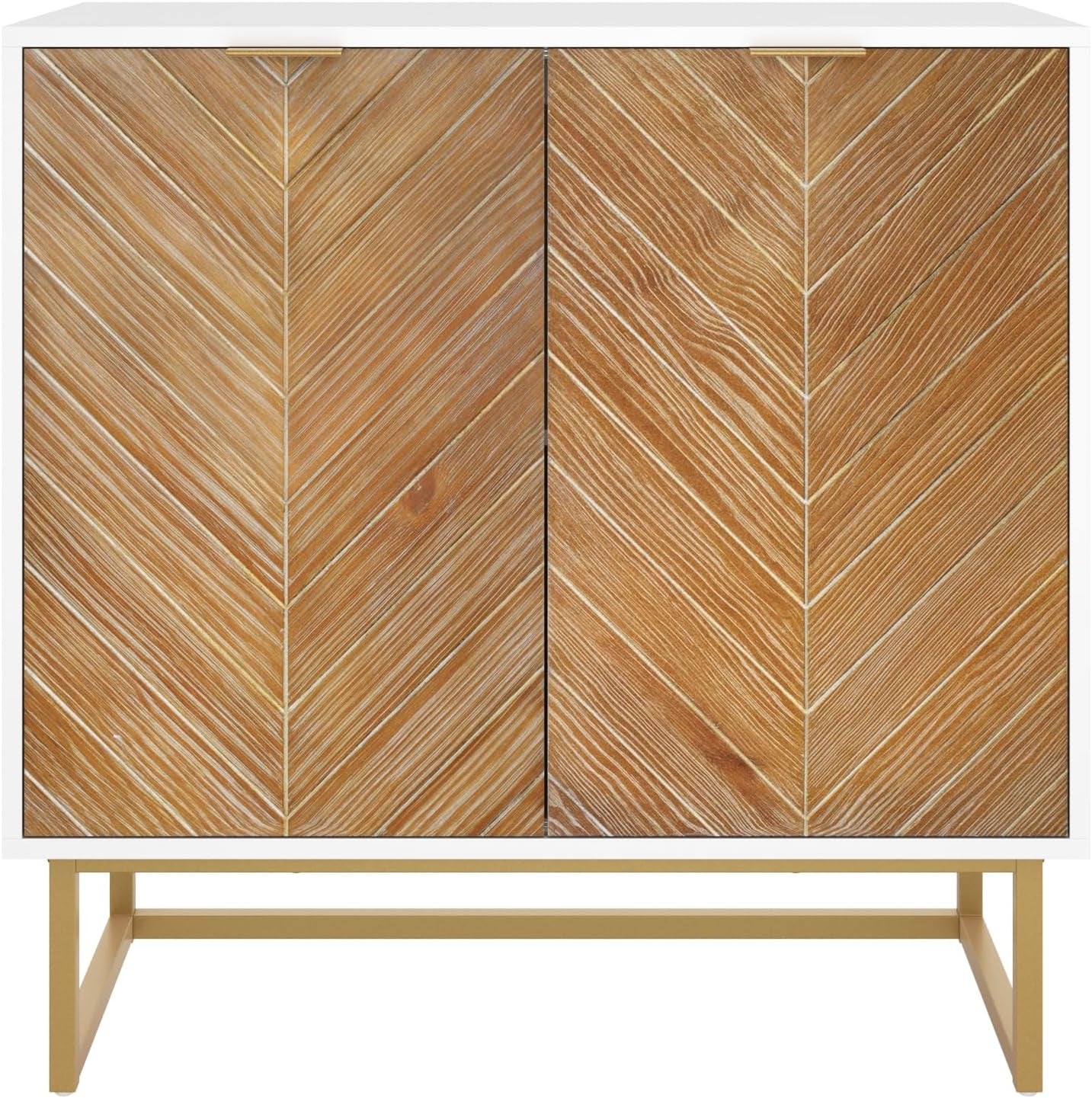 Enloe Modern Storage Free Standing Accent Cabinet White with Doors in a Rustic Pine Wood Finish and Gold Powder-Coated Metal Base for Hallway, Entryway or Living Room, Brown/White/Gold