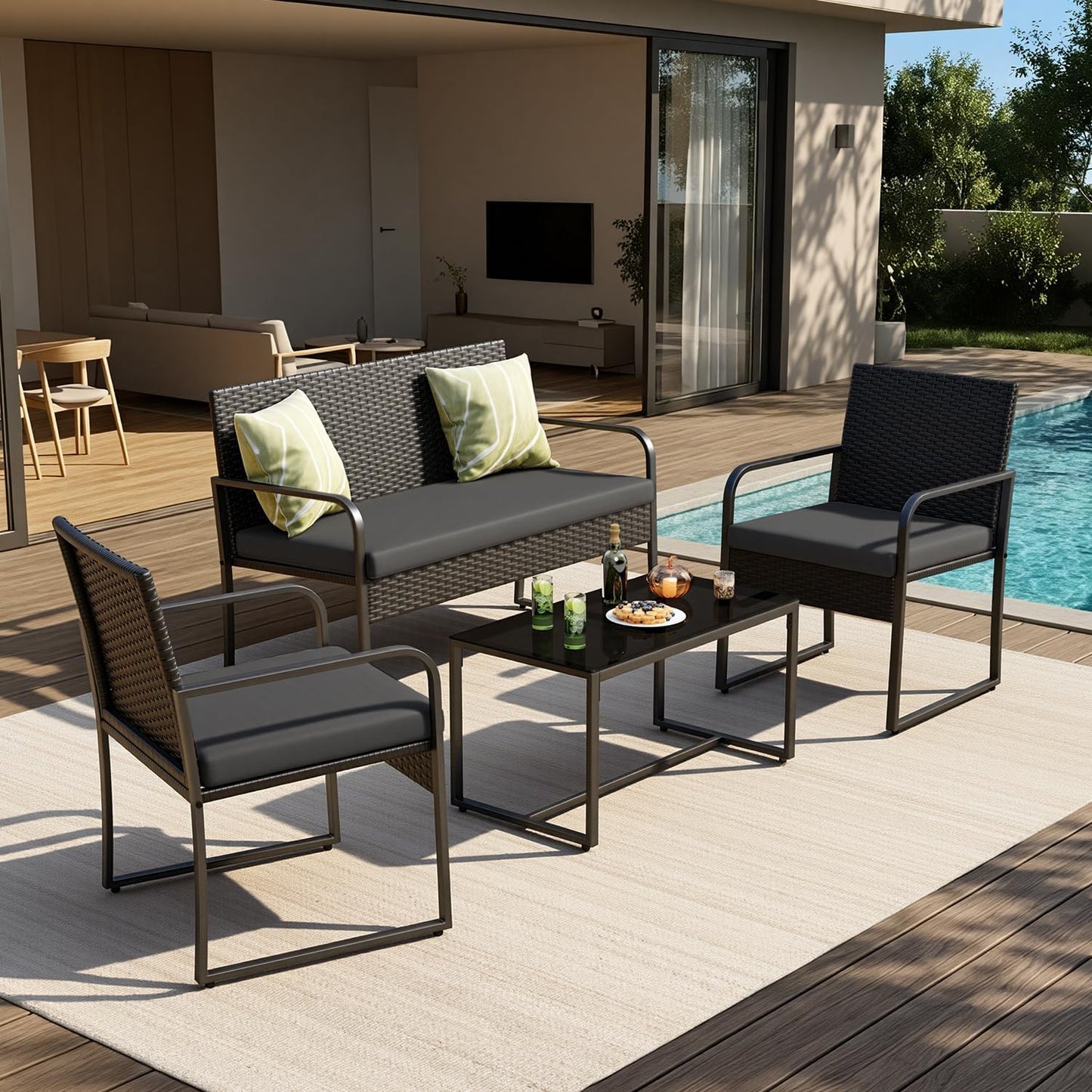 Black Wicker Furniture with Glass Coffee Table, 4 Piece Patio Furniture Set, Outdoor Rattan Conversation Set, for Backyard, Poolside, Porch, Lawn, Cushion-Black