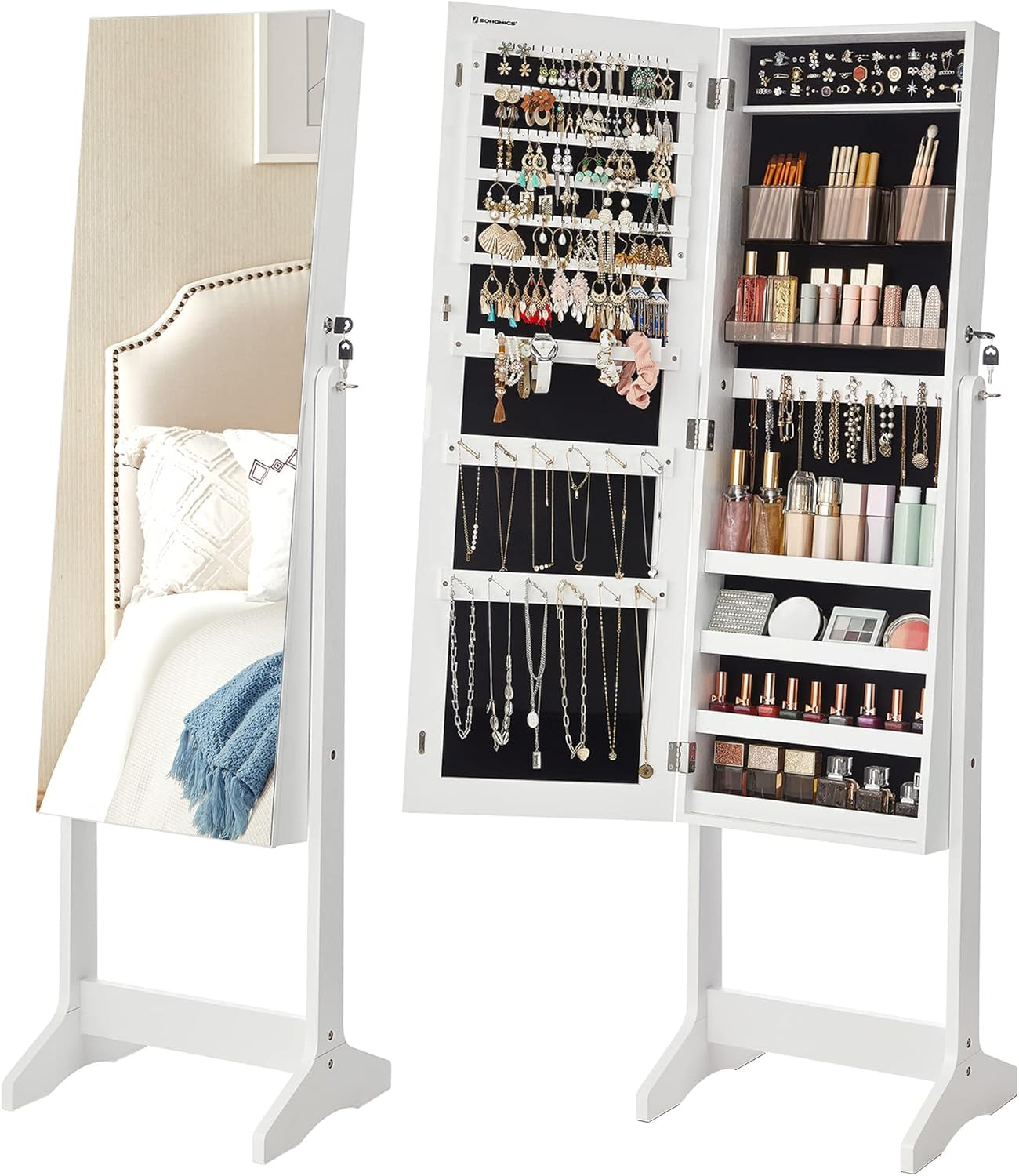 Jewelry Cabinet Armoire, Freestanding Lockable Storage Organizer Unit with 2 Plastic Cosmetic Storage, Full-Length Frameless Mirror, for Necklace Earring, White UJJC002W01