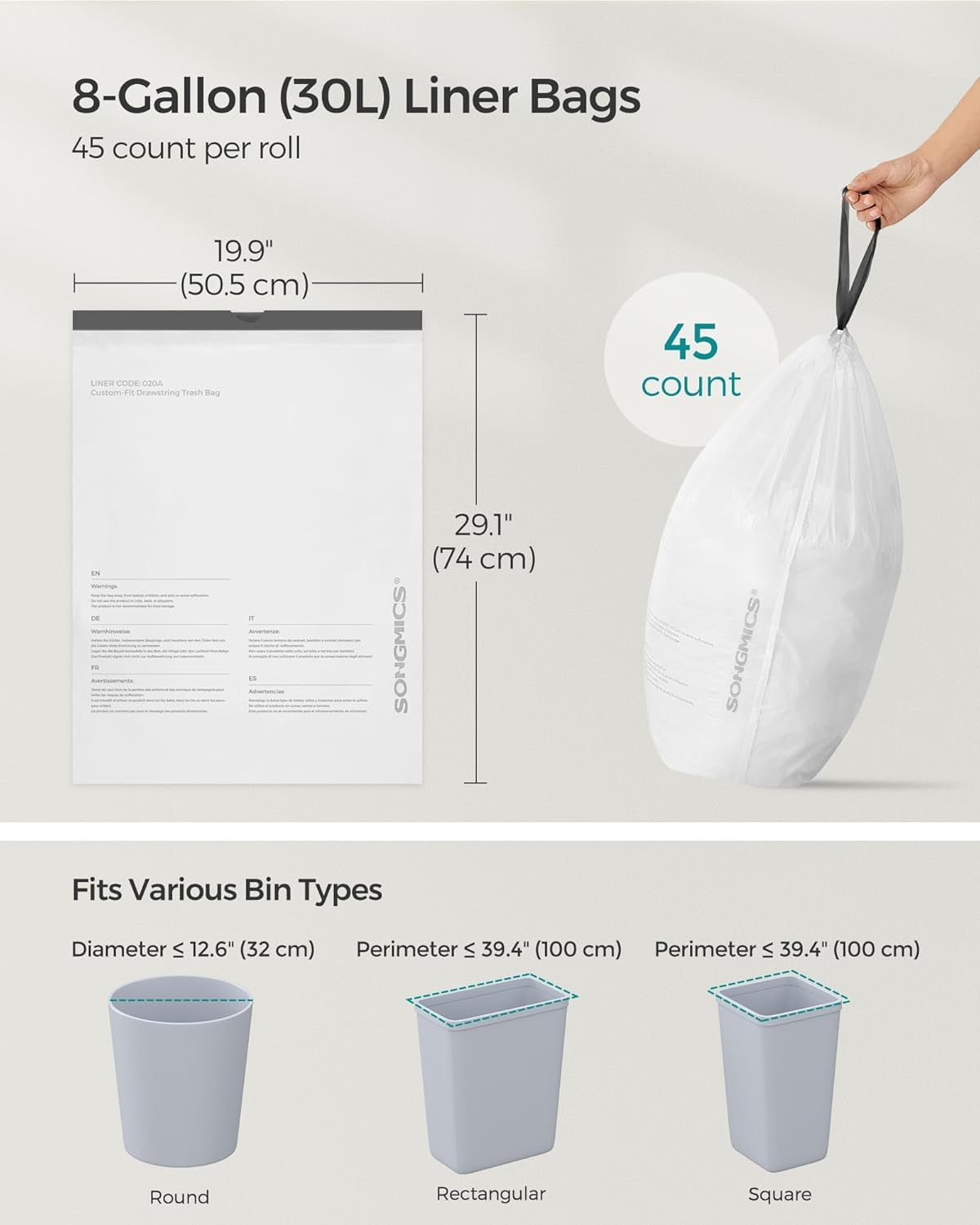 Trash Bags for 8-Gallon (30 L) Trash Cans, Drawstring Kitchen Garbage Bags, Pre-Separated, Liner Code 30A, 1 Roll, 45 Count, White UKRB30A