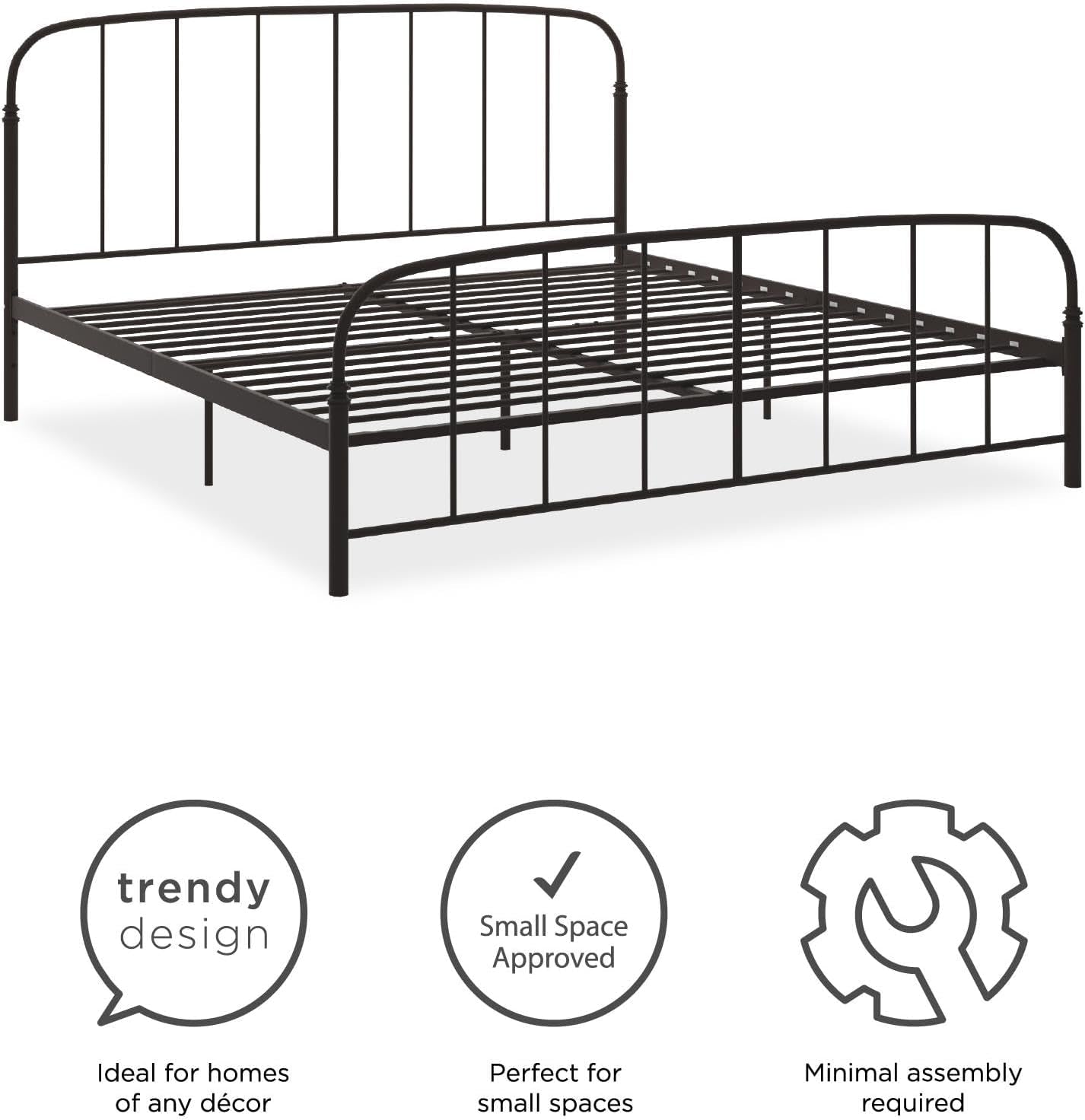 Lafayette Metal Platform Bed with Rustic Style Curved Headboard and Footboard, Adustable Base Height for Underbed Storage, No Box Spring Needed, King, Bronze
