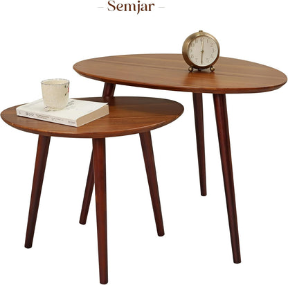 Small Oval Coffee Tables Set,Acacia Wood Tabletop Nesting Tables（25.6"X17.7"+17.7"X13.4" for Living Room Small Spaces Office,Easy Assembly Minimalist Walnut Mid Century Modern Coffee Table