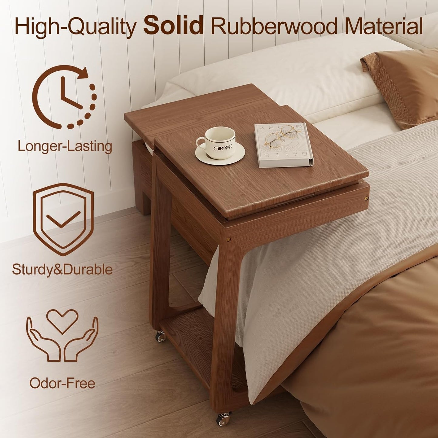 Solid Wood C Shaped End Table for Couch,Walnut C Table with Wheels,Small Side Table with Adjustable Desktop,Couch Desk with Storage,Rolling Tv Tray with Folding Shelf,Modern Bedside Table