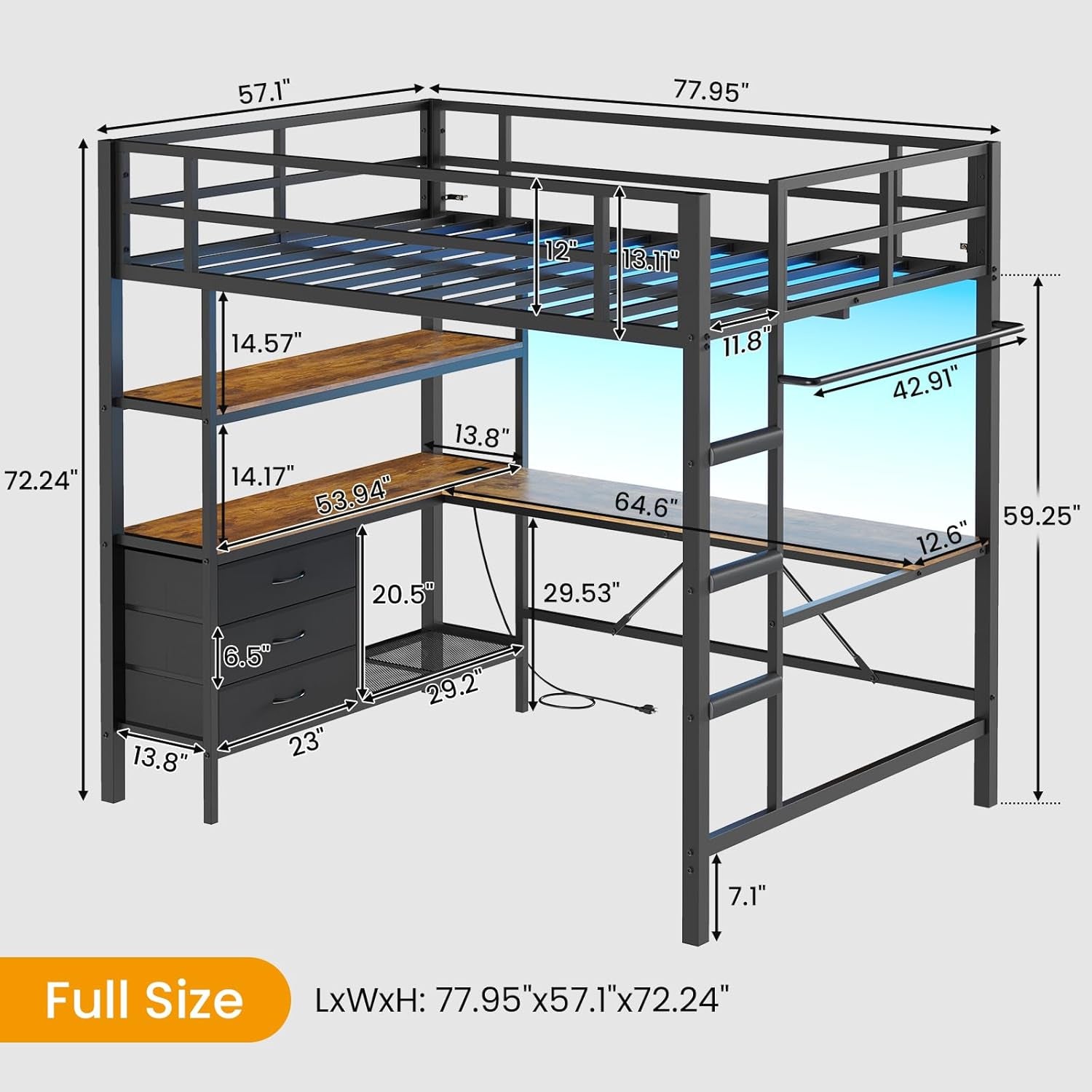 Loft Bed Full Size with L-Shaped Desk and Charging Station Metal Full Size Loft Bed with LED Lights,Storage Shelves and 3 Storage Drawers,Loft Beds for Teen/Adult with Safety Guard&Stairs,Black